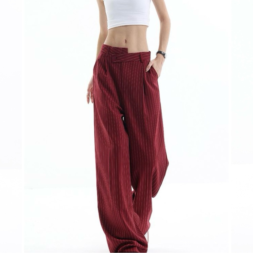 Stylish Asymmetrical Burgundy Striped Pants